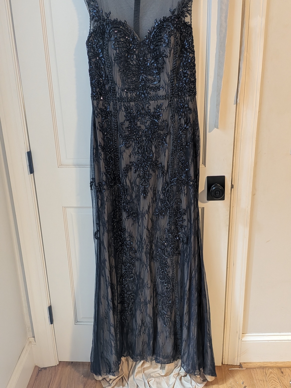 Dave & Johnny Navy And Nude Beaded Lace Prom Dress